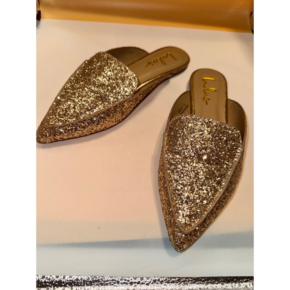 Lulus Joelle Gold Glitter Pointed Toe Mules Flats Womens Size 7.5 Sparkly Shoes